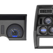 A black dashboard with 1978-1982 Corvette Dakota Digital VHX Gauges and a clock.