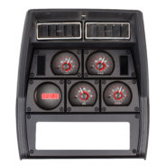 A black dashboard with four 1978-1982 Corvette Dakota Digital VHX gauges and a clock.