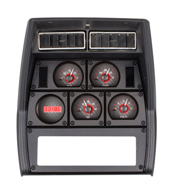 A black dashboard with four 1978-1982 Corvette Dakota Digital VHX gauges and a clock.