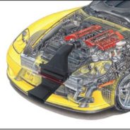 A drawing of a yellow VARARAM VR-SCI GEN 2 SNAKE CHARMER C6 RAM AIR sports car with a hood.