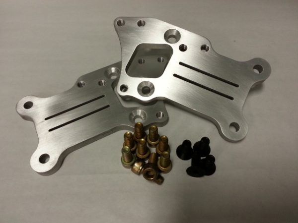 A pair of aluminum brackets with nuts and bolts.