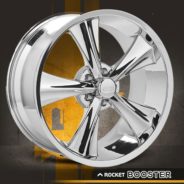An image of a MODERN MUSCLE WHEELS CHROME BOOSTER rim with the words rocket booster.