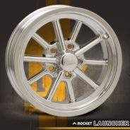 A ROCKET LAUNCHER POLISHED wheel on a yellow background.