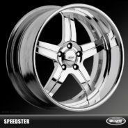 A chrome VICTORY rim with the word speedster on it.