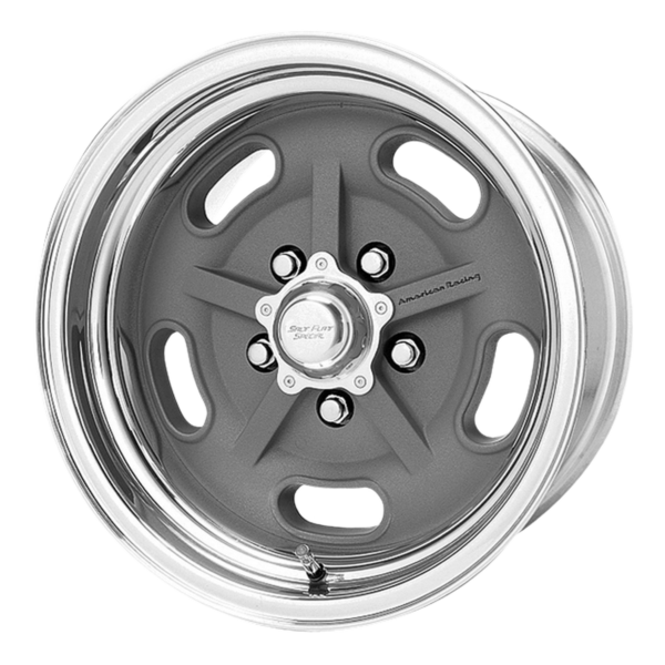 A gray VN470 Salt Flat wheel with a chrome center and spokes.
