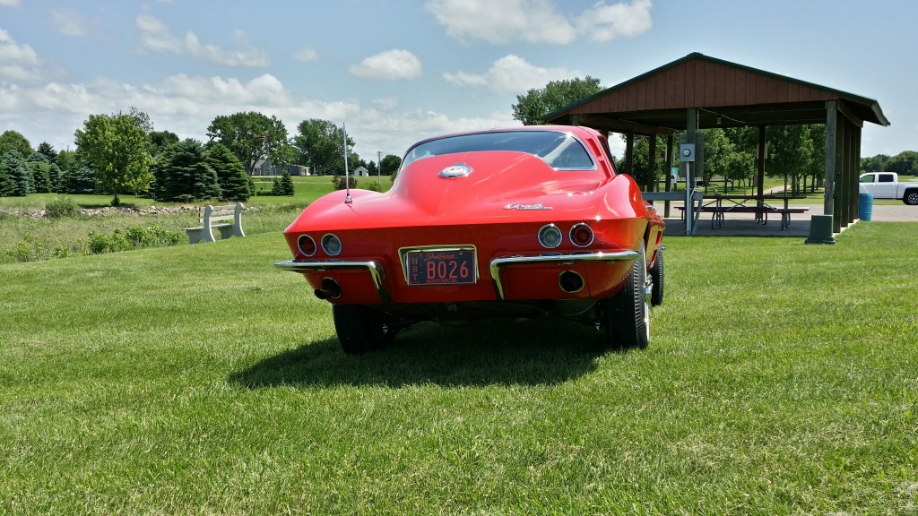 A red corvette parked in a grassy field.