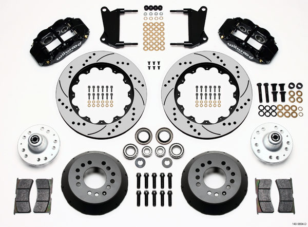 A Wilwood Forged Narrow Superlite 6R Big Brake Front Brake Kit (Hub) 14.00" for a car with discs and brake pads.