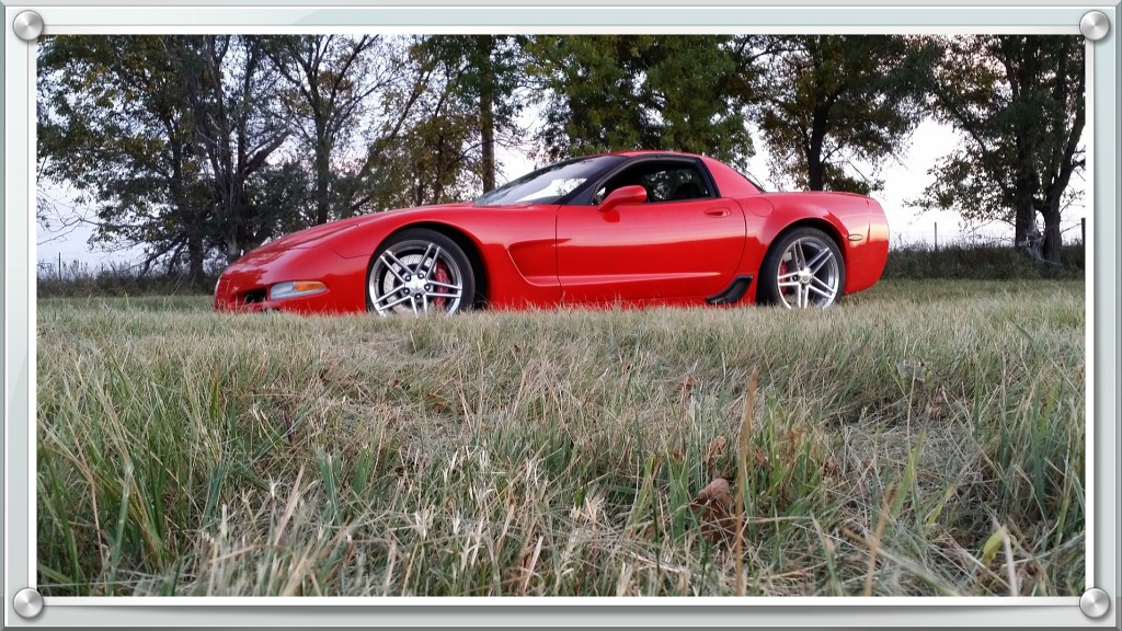 A red sports car parked in a grassy field.