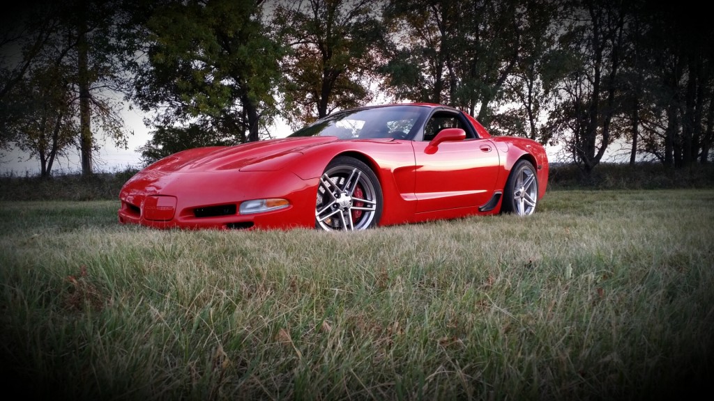 A red sports car is parked in the grass.