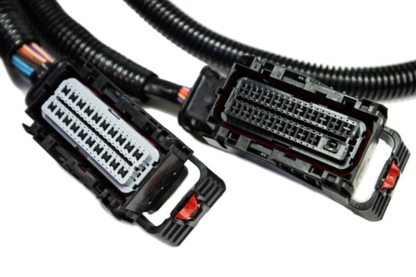 A pair of '06 - '13 LS7 (7.0L) STANDALONE WIRING HARNESS W/6L80E connected to a car.