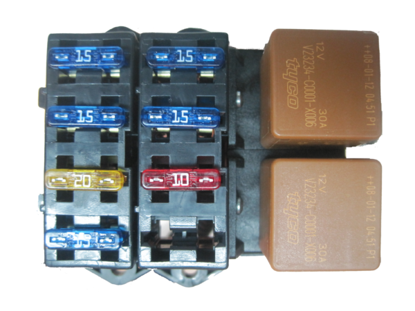 A set of four different colored '06 - '07 24X GEN IV LS2 W/ 4L60E STANDALONE WIRING HARNESS (DBW) relays on a white background.