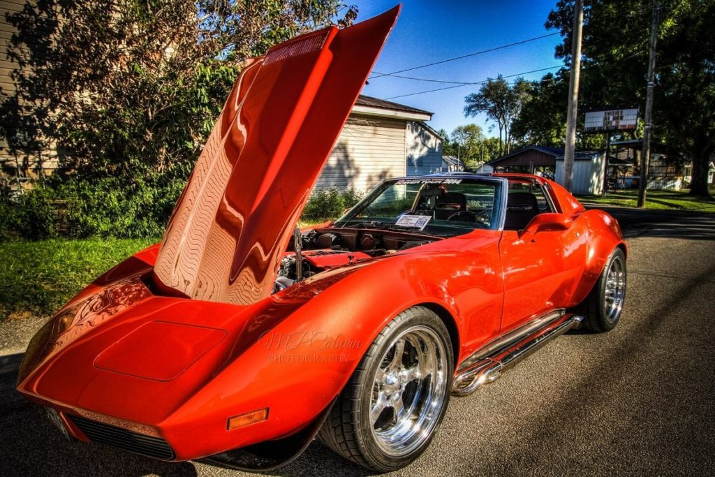bright red corvette hood up