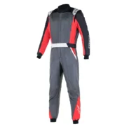 The alpinestars atom racing suit is grey and red.