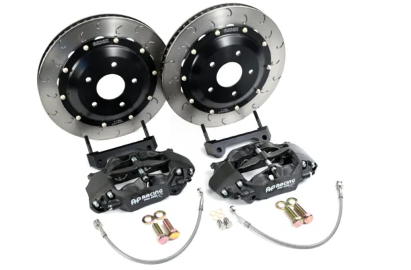 A set of AP RACING RADI-CAL COMPETITION BRAKE KIT (REAR CP9449/340MM)- C5 CORVETTE and rotors on a white background.
