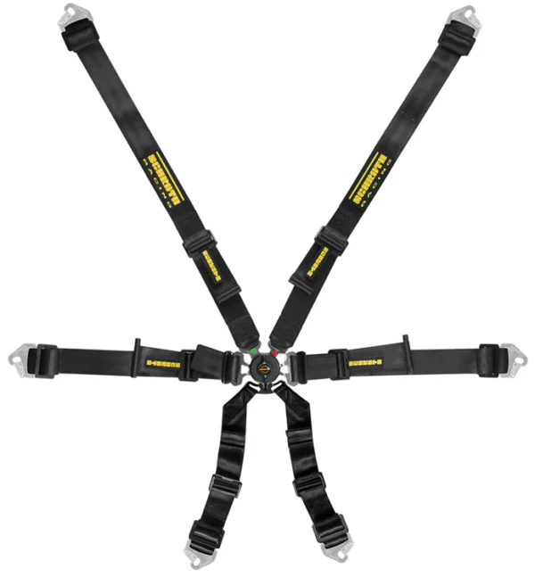 A SCHROTH FLEXI 2 X 2 RACING HARNESS with black straps and yellow text.