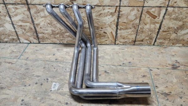 C2/C3 CORVETTE LS SWAP STAINLESS STEEL SIDE EXIT HEADERS - MILL FINISH on a wooden background.