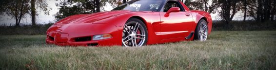 A red sports car is parked in the grass.